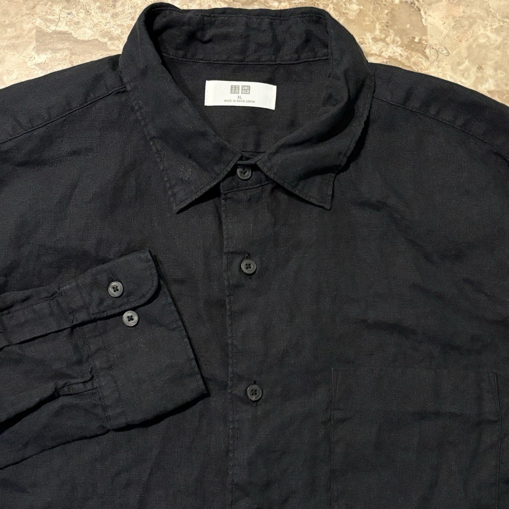 Uniqlo Shirt Mens XL Black 100% Linen Long Sleeve Button Beach Basics